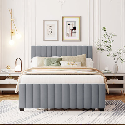 Mercer41 Full Size Velvet Upholstered Platform Bed With Twin Size Trundle Gray