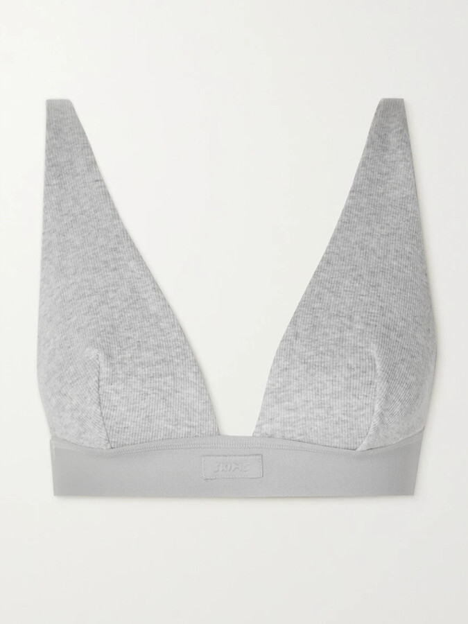 SKIMS Plunge Ribbed Cotton-blend Jersey Bralette - Light Heather Grey