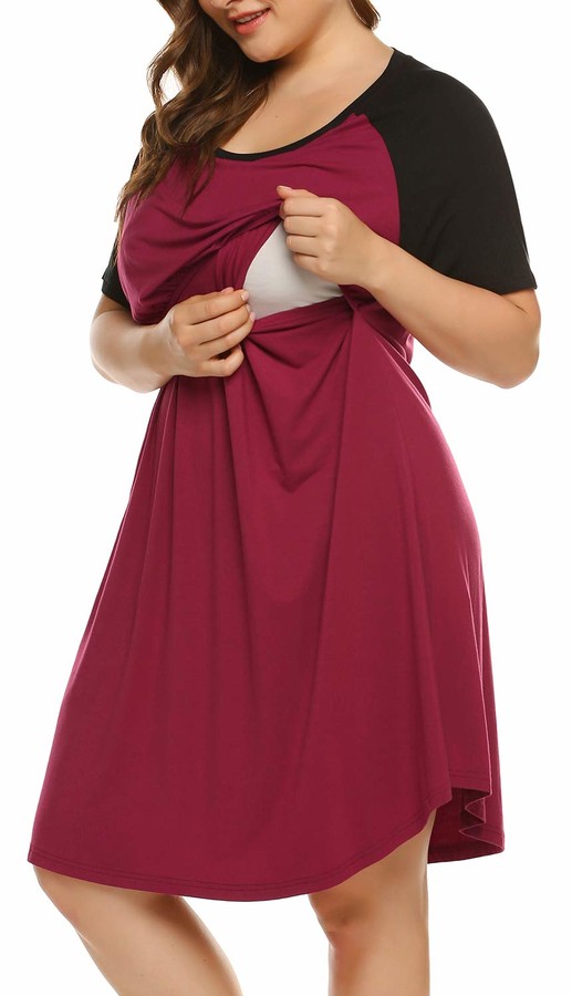 INVOLAND Womens Plus Size Sleepwear Cotton Short Sleeve V-Neck Maternity Nursing Nightgown Nightdress Breastfeeding Nightgown 16W-24W 