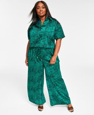 Nina Parker Trendy Plus Size Satin Button Front Shirt Wide Leg Pants -  ShopStyle
