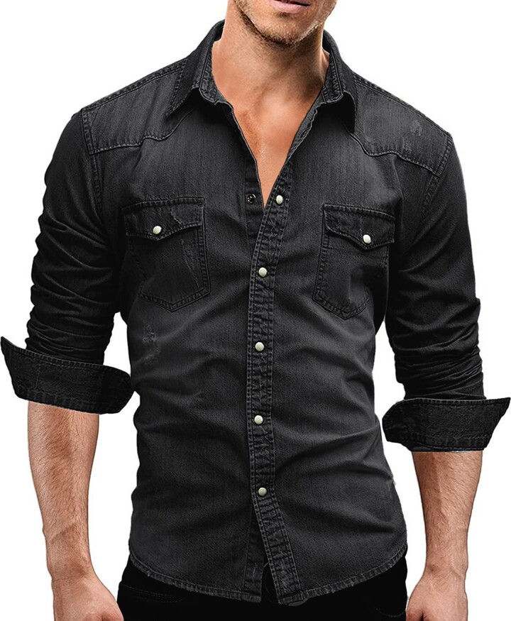 AUMELR Mens Denim Shirts Stretch Cotton Top Work Shirts Button