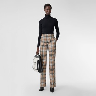 satin trim vintage check cotton trousers