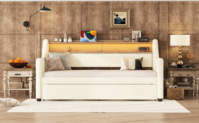 Twin Size Daybed With Trundle, White Leather Upholstery, Built-in And Custom Led Configuration Trundle Bed, Charging Variable Color Lights