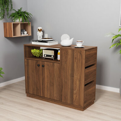 George Oliver Kitchen Sideboard, Small Countertop Organizer, Tabletop Cabinet With 2 Glass Sliding Door,3 Side Drawers & 1 Small Display Shelves