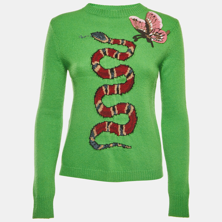 Gucci Green Snake Patterned Wool Butterfly Patch Crew Neck Sweater XXS -  ShopStyle