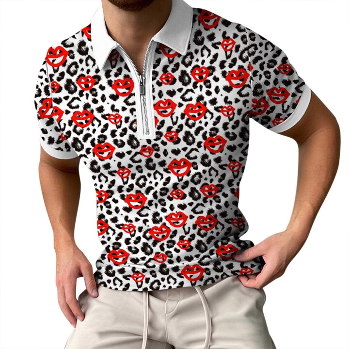 ERNUMK Men Spring Summer Fashion Shirt Short Sleeve Zipper Lapel Leopard  Print Shirt Casual Loose T-Shirt Fashionmen's Shirts (Red M) - ShopStyle