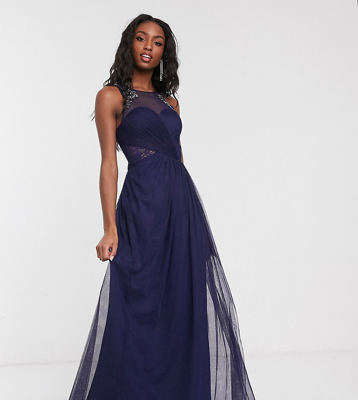 Little Mistress Tall pleat maxi dress with lace and embellishment detail in  navy - ShopStyle