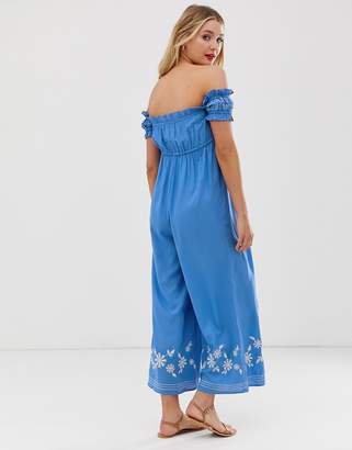 ASOS Maternity DESIGN Maternity off shoulder embroidery jumpsuit