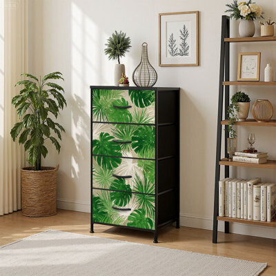 4 Drawer Vertical Storage Dresser Tropical floral foliage palm leaves beige Exotic jungle with Wood Top Fabric Pull Drawers