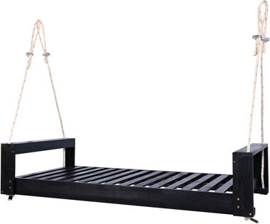 Acacia Wood Twin Size Porch Swing Bed With Hemp Ropes, 400lb Capacity Outdoor Hanging Bench For Patio, Garden, And Backyard