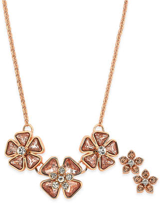 Charter Club Rose Gold-Tone Crystal Pink Flower Necklace & Stud Earrings Set, Created for Macy's