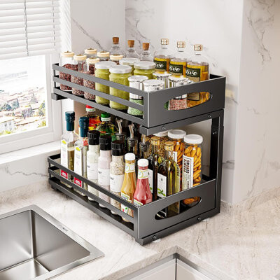 WKING Under Sink Organizer Pull Out Cabinet Storage 2-Tier Adjustable Steel Shelf For Kitchen Bathroom Cabinet Slide Out Design For Easy Access And Space