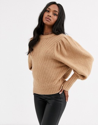 Y.A.S brush knit jumper with puff sleeves and ribbed cuffs in camel
