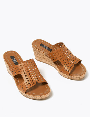 Marks and Spencer Wide Fit Leather Perforated Wedge Mules
