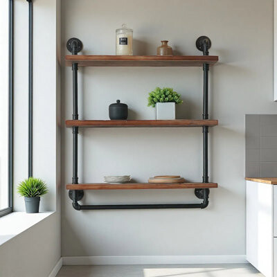 3 Tier Industrial Pipe Shelf Rustic Wood Floating Shelves,Wall Display Bookshelf,Storage Rack Sundries Holder For Kitchen Office Bathroom Organization