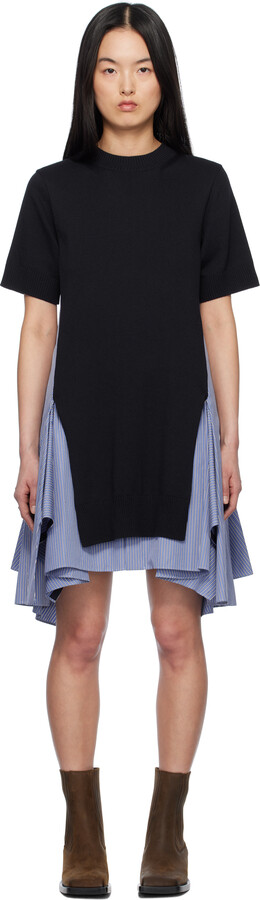 sacai Navy & Blue Cotton Poplin & Knit Midi Dress
