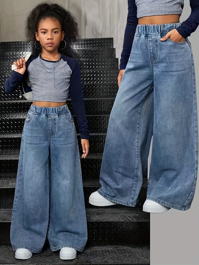 NONE Girl & apos;s 2000s trendy street style loose and comfortable washed denim straight-leg pants, with elasticized stretch waist