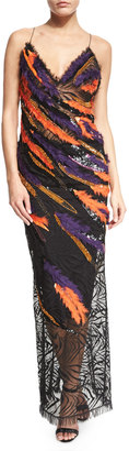 Versace Sleeveless Sequin Feathered Open-Back Gown, Multi Colors