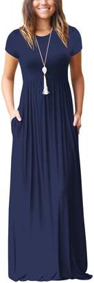 ZIOOER Women Short Sleeve Loose Plain Maxi Dresses Casual Long Pockets Dresses Blue M