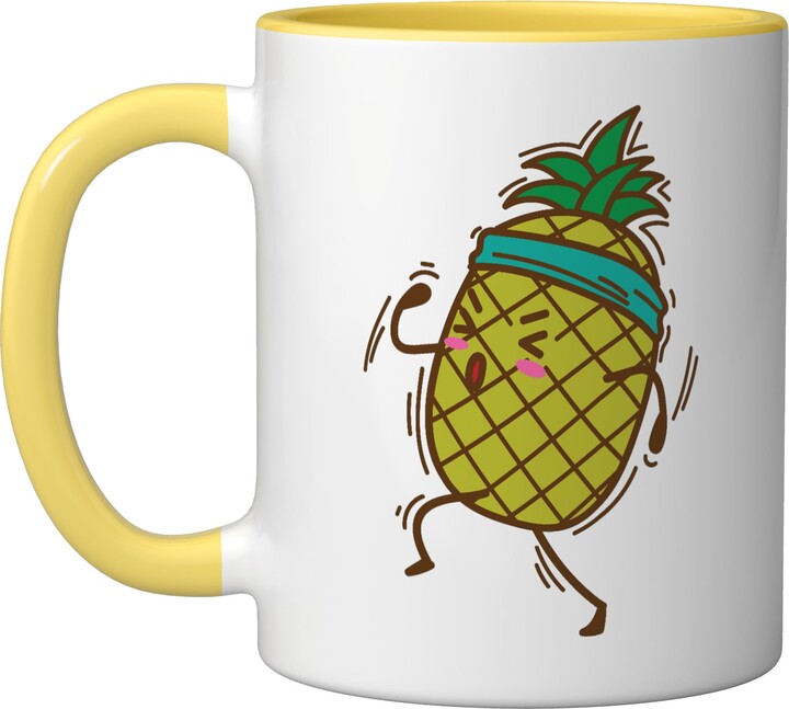 Pineapple fruit tropical yummi sweet juicy fruit Pineapple goes jogging or running sweet Fruit Ceramic Mug, Yellow/White