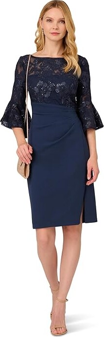 Adrianna Papell Floral Lace Combo Dress Women's Dress Navy : 16, Elastane/Nylon