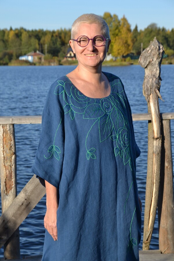 Embroidered Linen Dress.linen Boho Designer Dress.blue Denim Color