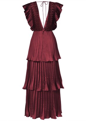 True Decadence True Burgundy Satin Pleated Tiered Midaxi Dress