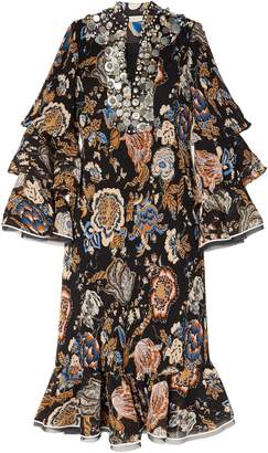 Tory Burch Embellished Printed Plisse Georgette Midi Dress