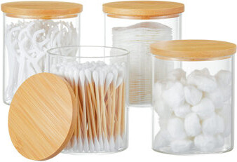 Hokku Designs Glass Cotton Swab Holder Dispenser Glass Apothecary Jars With Lids Cotton Ball Swab Pad Holder Bathroom Essential Canisters Accessories Jars For Bathr