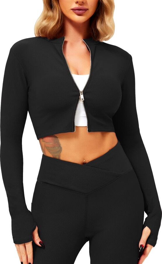 Navneet Gym Sets for Women 2 Piece Ribbed Leggings Long Sleeve Gym Tops