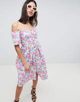Thumbnail for your product : ASOS Design Off Shoulder Button Through Midi Dress In Floral Print