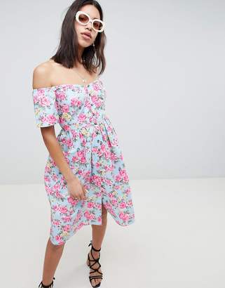 ASOS Design Off Shoulder Button Through Midi Dress In Floral Print