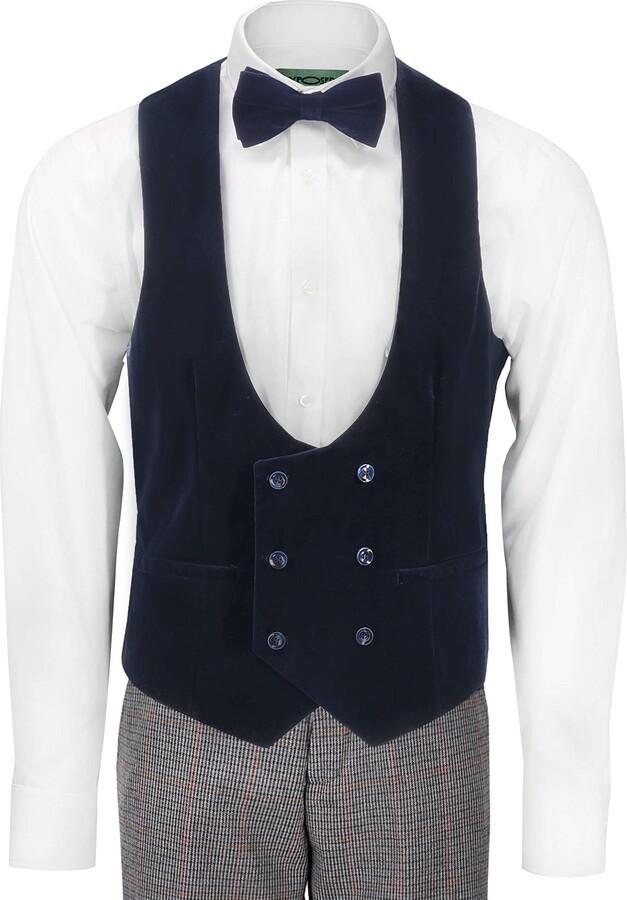 Xposed Men’s Houndstooth Double Breasted Waistcoat Wool Blend Brown