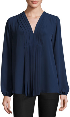Max Studio Pleat-Front Long-Sleeve Blouse, Navy