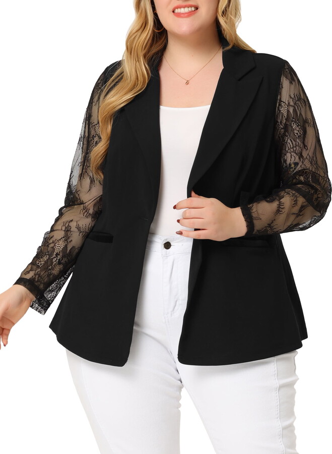 Unique Bargains Women’s Plus Size Work Notch Lapel Lace Front Blazers Jackets