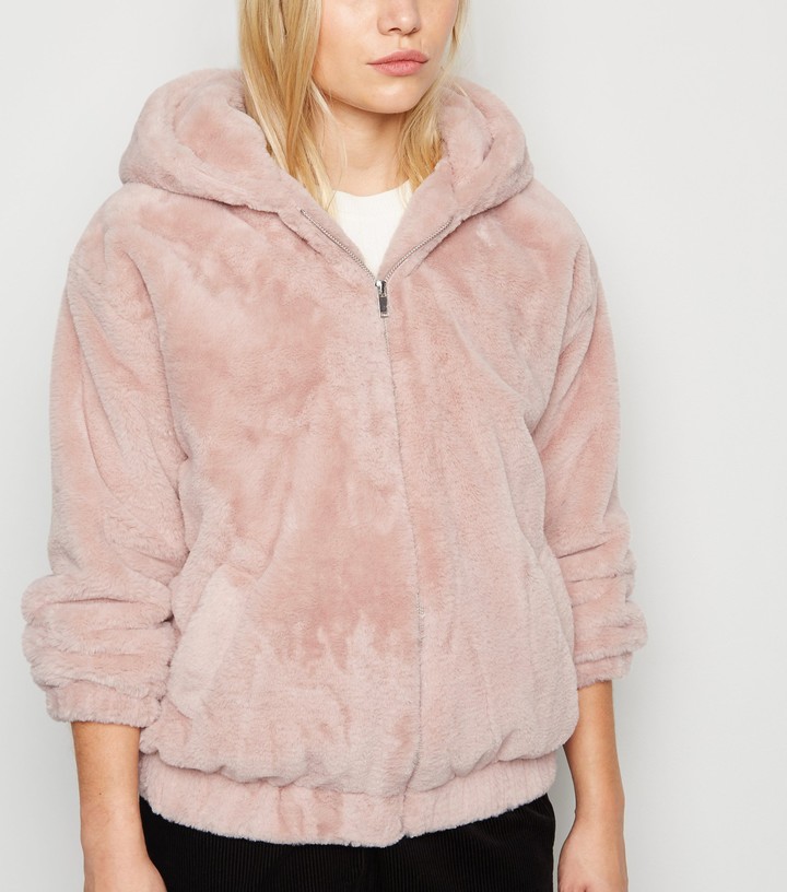 pink faux fur hooded bomber