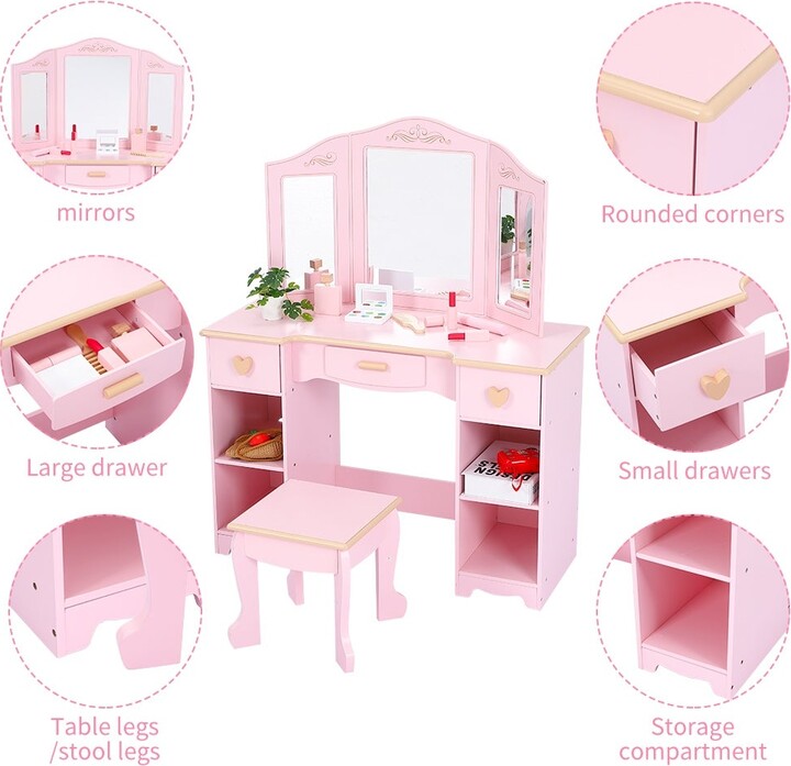 CatheLi Kids 3 Drawer Wooden Dressing Table Round Mirror with Lights