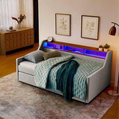 Latitude Run Twin Size Upholstery Sofa Bed With Three LED Lights, With Storage Adjustable Headboard, With Foldable Leg Pull Up Trundle Bed And Wireless Charging, L
