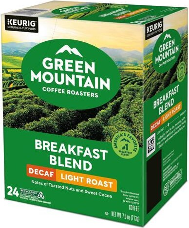 Green Mountain Coffee Roasters Decaffeinated Breakfast Blend Coffee, Keurig Single-Serve K-Cup Pods, Light Roast Coffee, 24 Count/Box