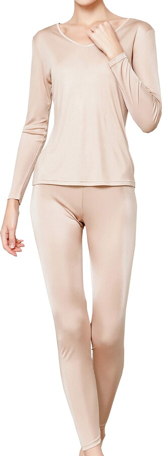METWAY Women's Silk Long Johns |V-Neck Silk Thermal Underwear Sets|Winter  Silk Long Underwear - beige - M - ShopStyle Lingerie & Nightwear