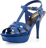 Thumbnail for your product : Saint Laurent Tribute Mid-Heel Leather Platform Sandal, Blue Majorelle