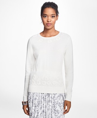 Brooks Brothers Floral-Embroidered Supima Cotton Crewneck Sweater