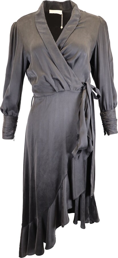 Zimmermann Midi Asymmetrical Wrap Dress in Black Silk