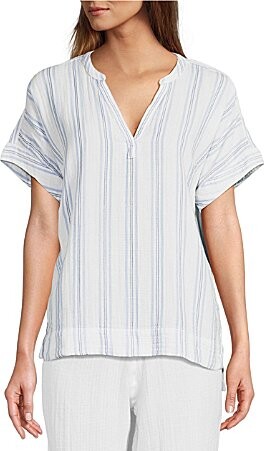 L.L. Bean Cloud Gauze Sea Salt Stripe Split V-Neckline Short Sleeve Top
