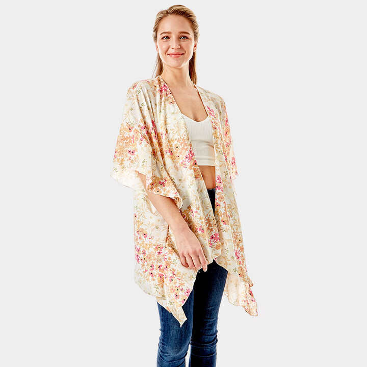 TRUEDAMES Flower Printed Ruffle Sleeves Cover Up Kimono Poncho