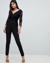 Thumbnail for your product : Little Mistress lace sleeve fitted jumpsuit in black