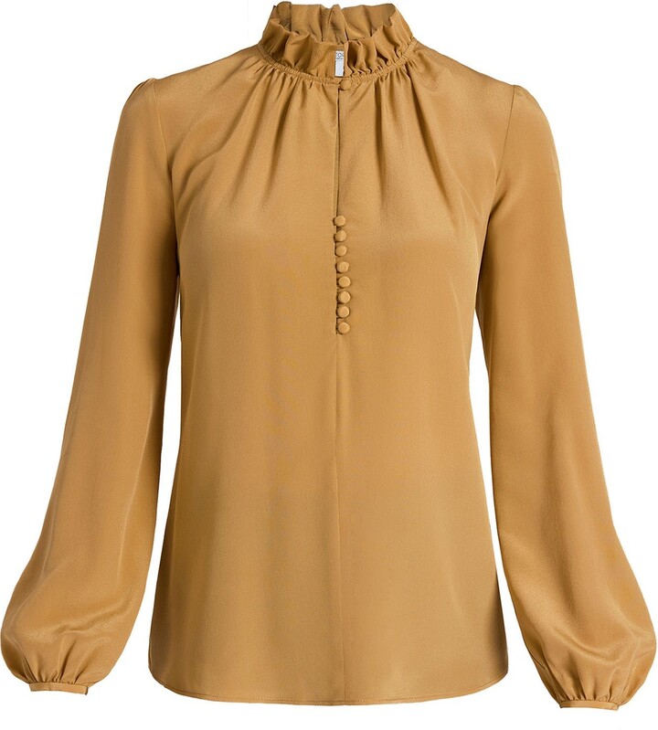 Santorelli Yellow Astrid Long Sleeve Silk Ruffle-Neck Top