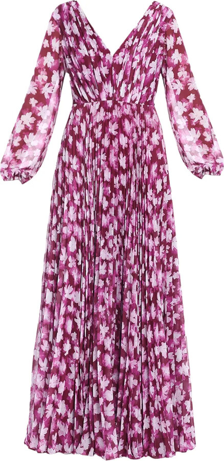 ML Monique Lhuillier Floral-Print Pleated Maxi Dress