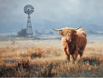 Bayland Collection Lone Highland Cow and Windmill Wrapped Canvas Wall Art