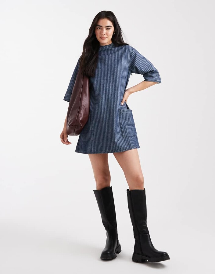 NATIVE YOUTH denim striped collared dress in blue